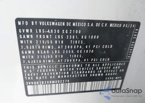 2024 Volkswagen Taos 1.5T Se из США, поврежденный, VIN 3VVUX7B2XRM092279